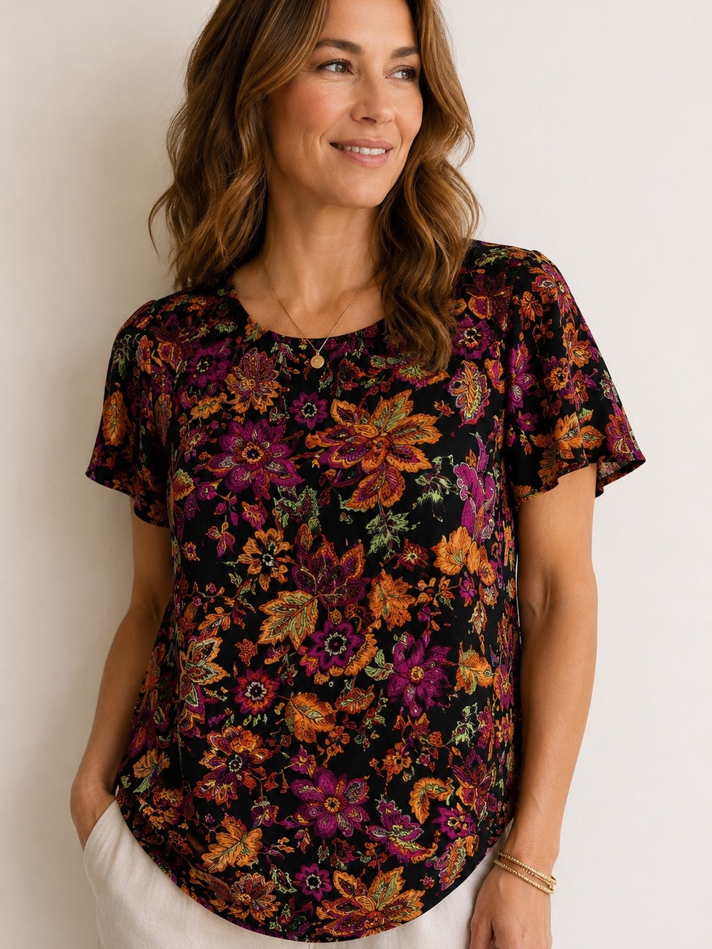 Jewel Tone Floral Rayon Top NWT | Petite Boho Cottagecore · Norton McNaughton